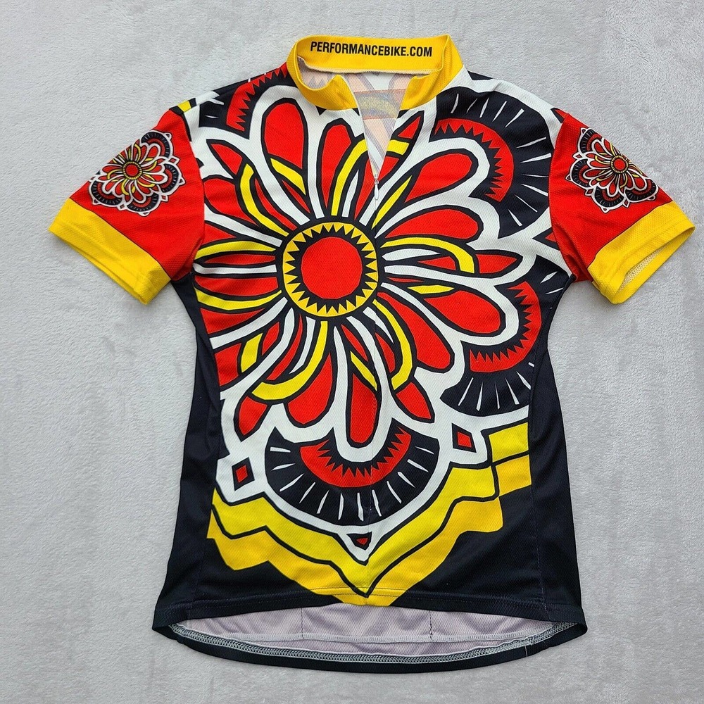 Performance Bike Cycling Jersey Womens Medium Red Yellow Black Floral Full Zip